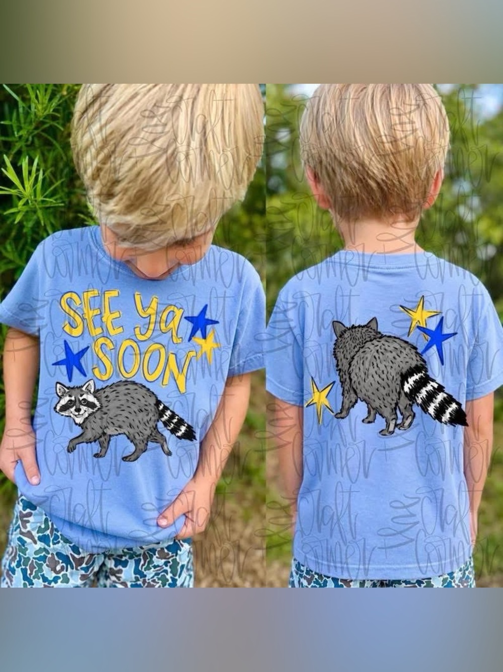 See Ya Soon Raccoon Graphic Tee - Light Blue Kids Shirt Comfort Colors Small